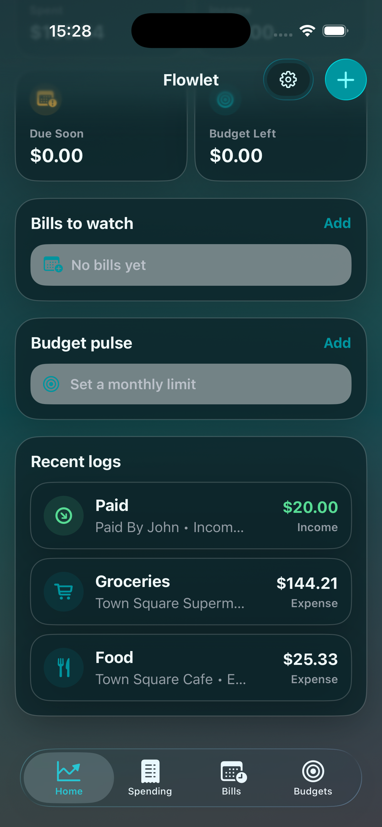 Flowlet home screen with details open